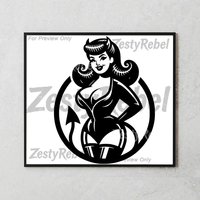 Black and white retro pin-up devil girl design for 20oz tumblers, great for edgy DIY crafts.