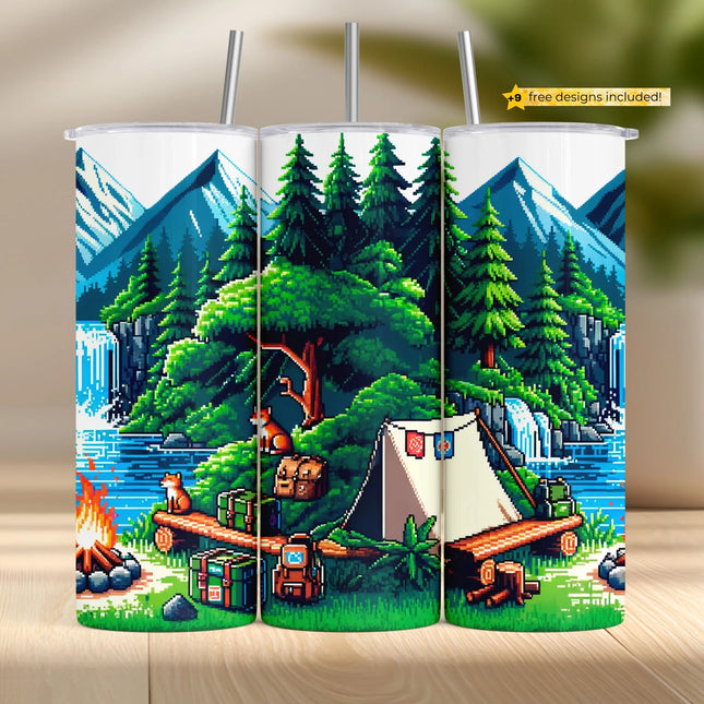 Buy pixel forest camping tumbler png for sublimation – retro digital wrap with foxes and trees
