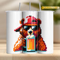 8-bit pixel bear with beer tumbler wrap PNG for sublimation and crafters.