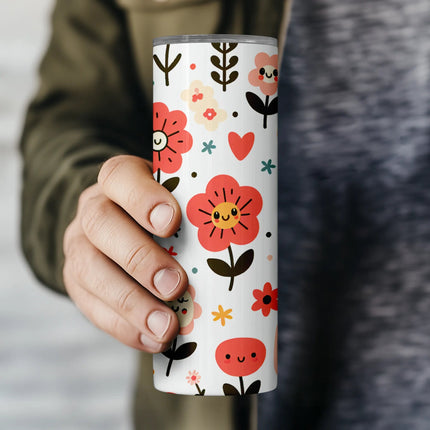 Cute sublimation tumbler design with pastel flowers and smiling faces
