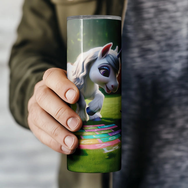 Magical wrap design with unicorn, bunny, and squirrel playing hopscotch – perfect for POD and gifts.