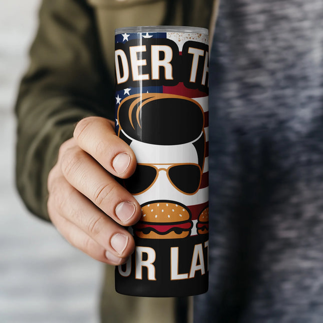 Retro tumbler design for conservatives featuring bold slogan, stars, and burger graphic art.