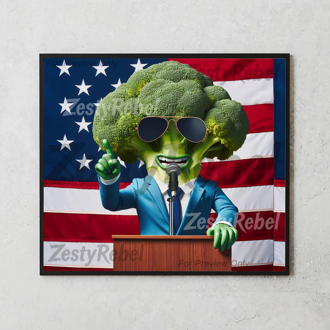 Hilarious broccoli head in a suit giving a speech – perfect political humor wrap for tumblers.