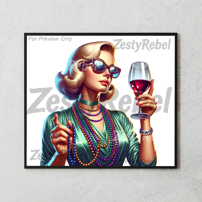 Classy tumbler design with 1950s style woman, sunglasses, wine, and bold political vibe.