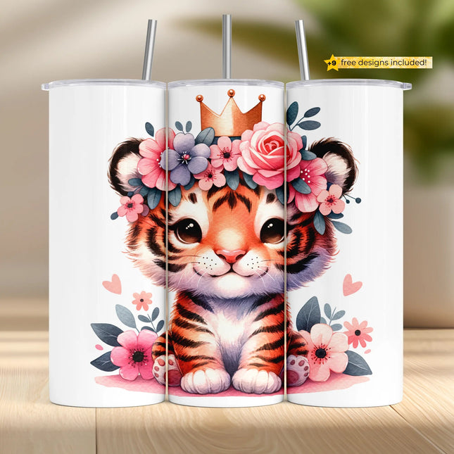 Cute baby tiger with crown and flower crown on 20oz sublimation tumbler wrap