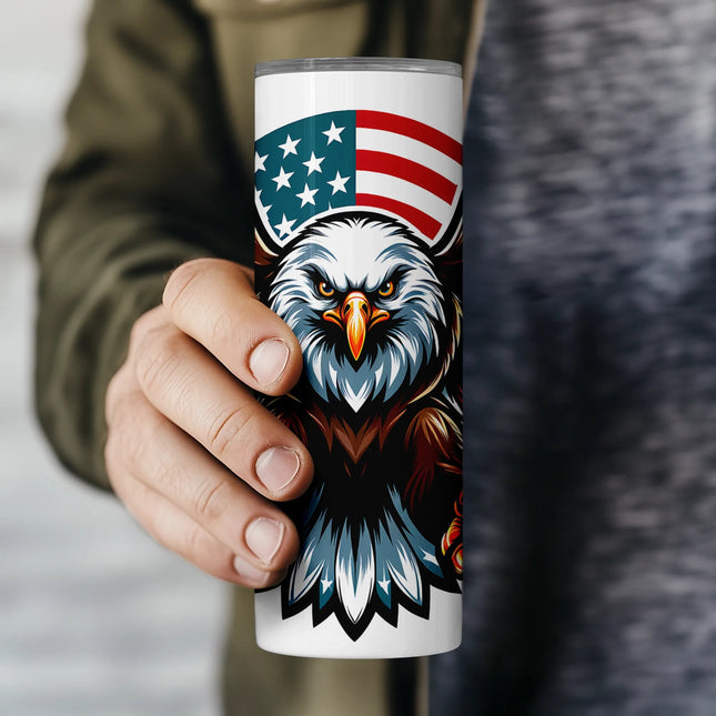 Fierce eagle tumbler sublimation wrap with bold stars-and-stripes wings and USA vibes.