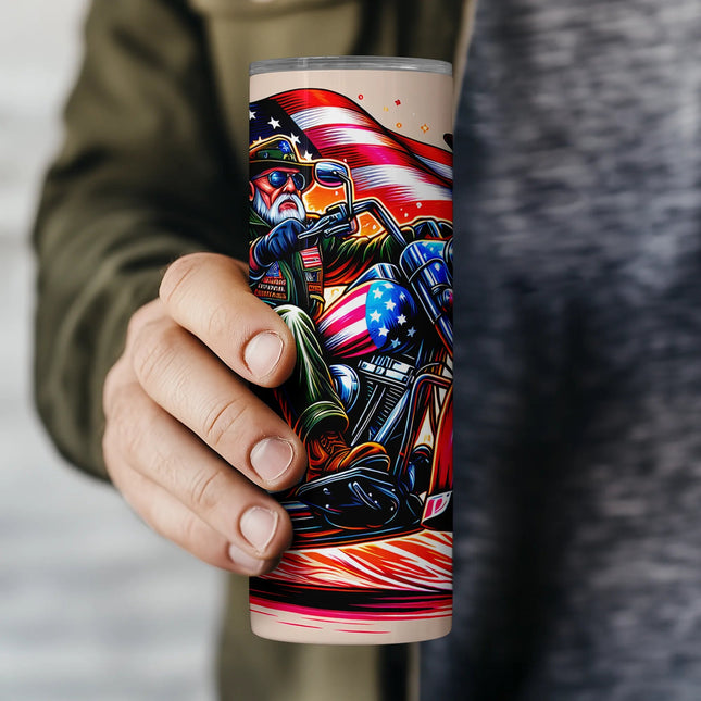 High-resolution digital tumbler design with flag-waving biker art for POD or DIY gifting.