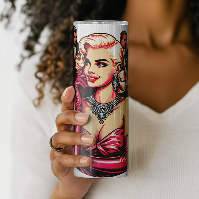 Sublimation wrap featuring blonde starlet, jewels, and tuxedoed admirers – digital download.