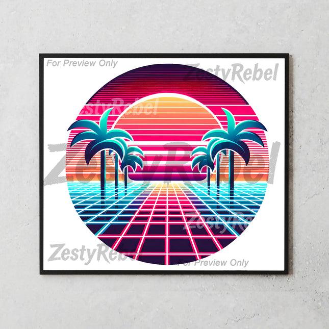 Best tumbler png for print on demand or wall art – 80s grid and sunset sublimation design