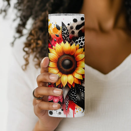 Eye-catching tumbler wrap with bold flowers, animal print, and painterly splashes in PNG format.