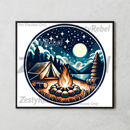 Best tumbler png for print on demand or wall art – glowing campfire and starry forest sublimation design