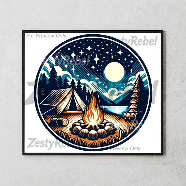 Best tumbler png for print on demand or wall art – glowing campfire and starry forest sublimation design