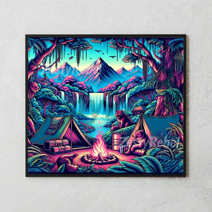 Best tumbler png for print on demand or wall art – camping scene with glowing jungle and bears