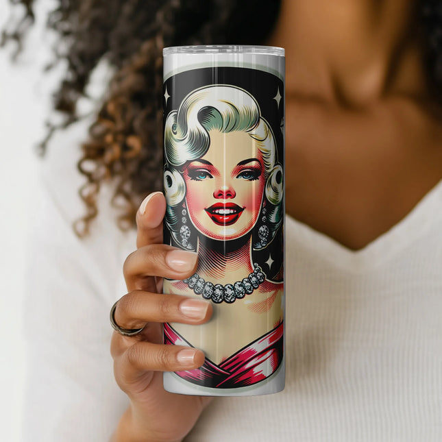 Downloadable tumbler wrap featuring retro starlet, sparkling diamonds, and tuxedo crowd.