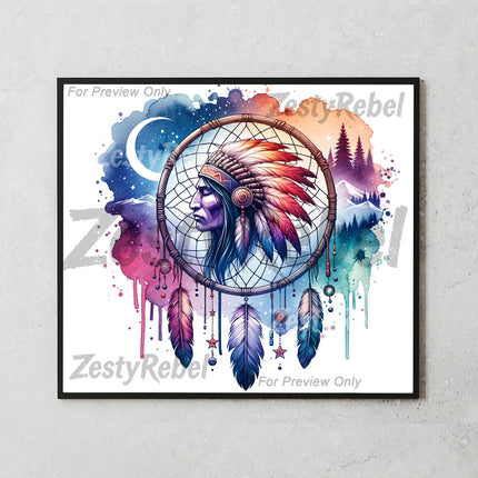 Best print on demand tumbler png – watercolor headdress and dreamcatcher wrap for wall art and crafts
