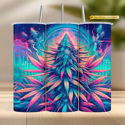Vibrant weed tumbler wrap PNG with glowing cannabis plant and psychedelic colors for sublimation crafting.