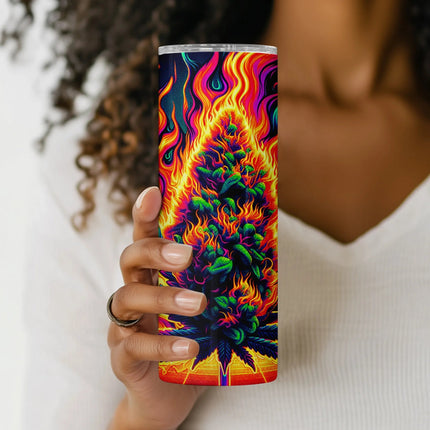 Bold cannabis-themed tumbler wrap PNG with trippy flames and glowing weed leaf art.