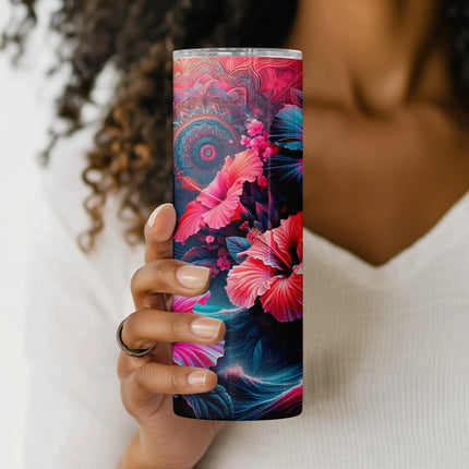 Close-up of hibiscus petals, intricate mandala lines, and color-splashed waves in vibrant floral wrap.