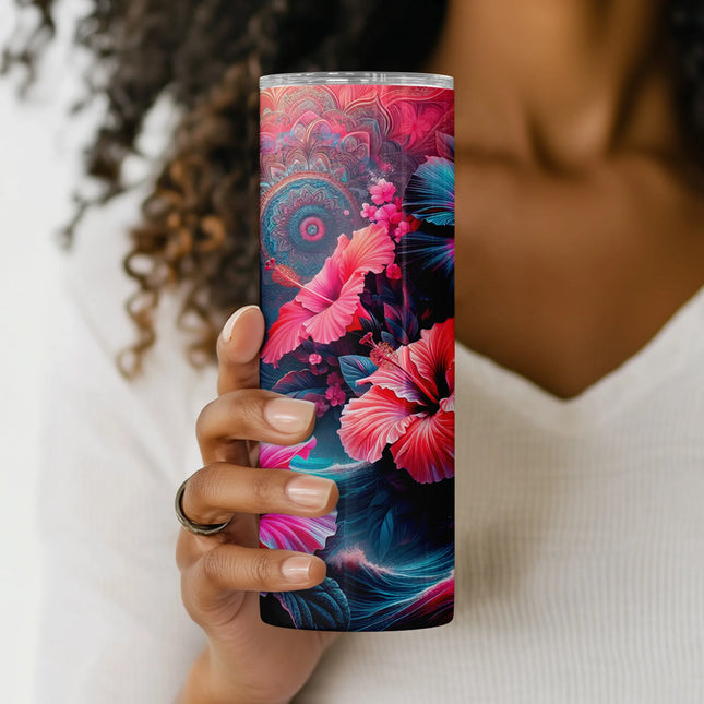 Close-up of hibiscus petals, intricate mandala lines, and color-splashed waves in vibrant floral wrap.