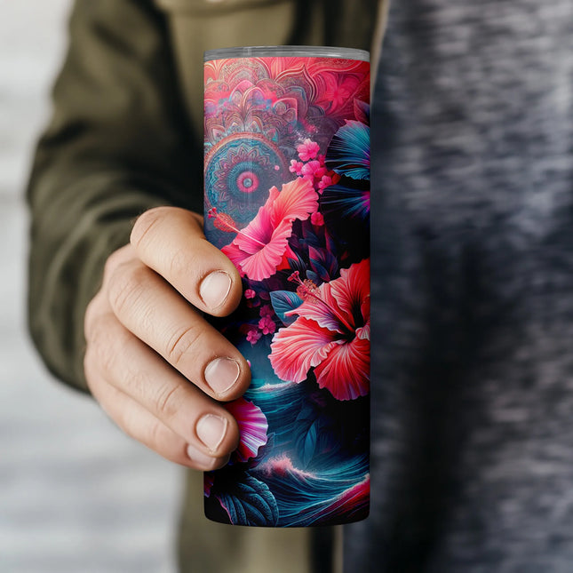 Flat PNG preview of seamless psychedelic hibiscus floral tumbler wrap formatted for 20oz sublimation.