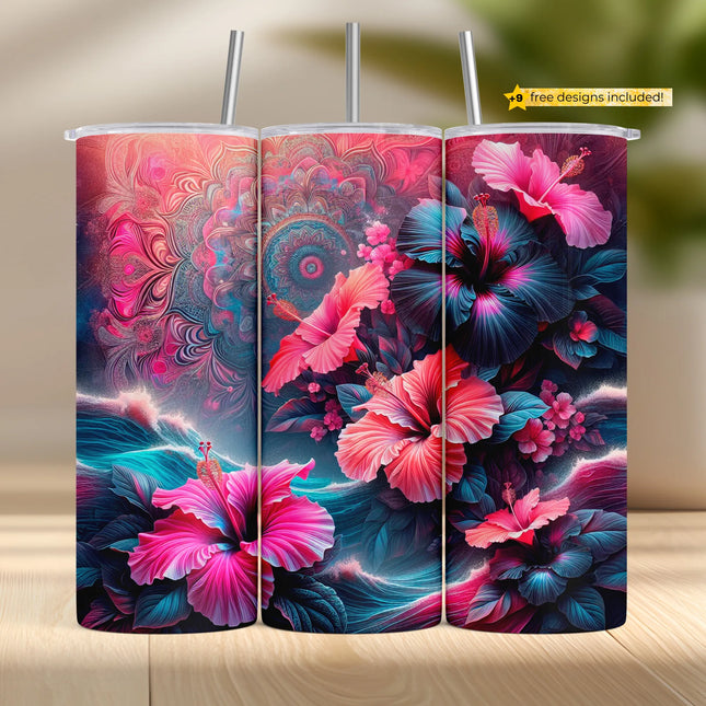Psychedelic tumbler wrap featuring neon hibiscus flowers, mandala art, and swirling electric textures.