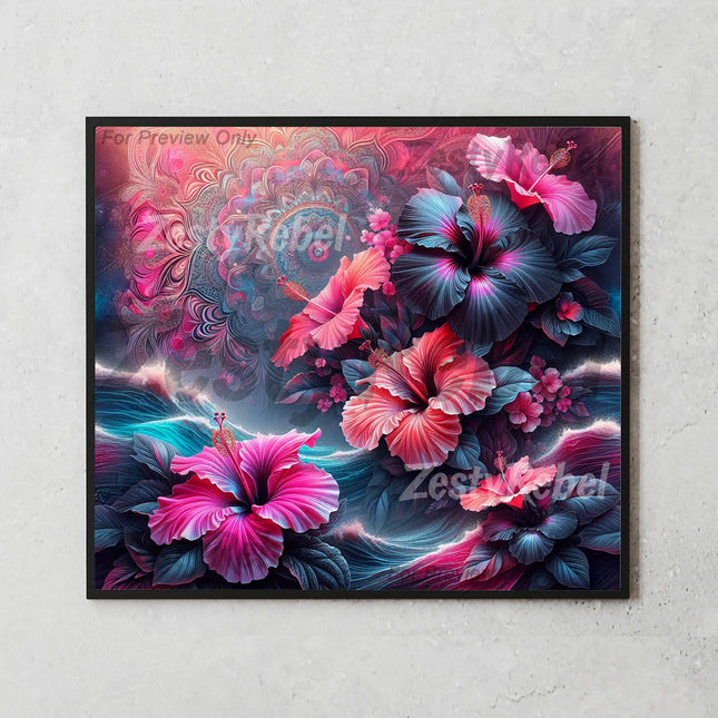 Mockup of 20oz skinny tumbler showcasing bold floral design with glowing pink and teal color palette.