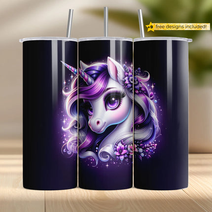 Buy unicorn tumbler png purple glow design – floral fantasy sublimation wrap for DIY and POD