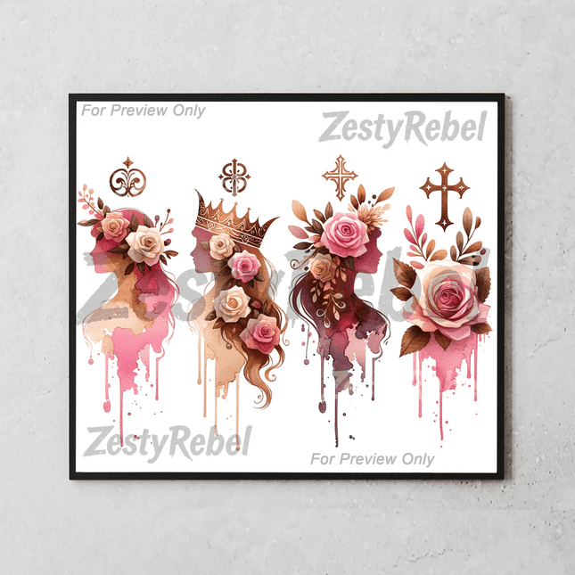 20oz wrap featuring crowned female profile with roses and symbolic religious elements