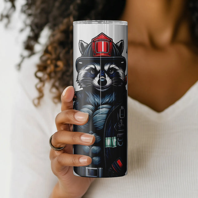 Digital download of firefighter raccoon art wrap – ideal for crafters and POD shops.