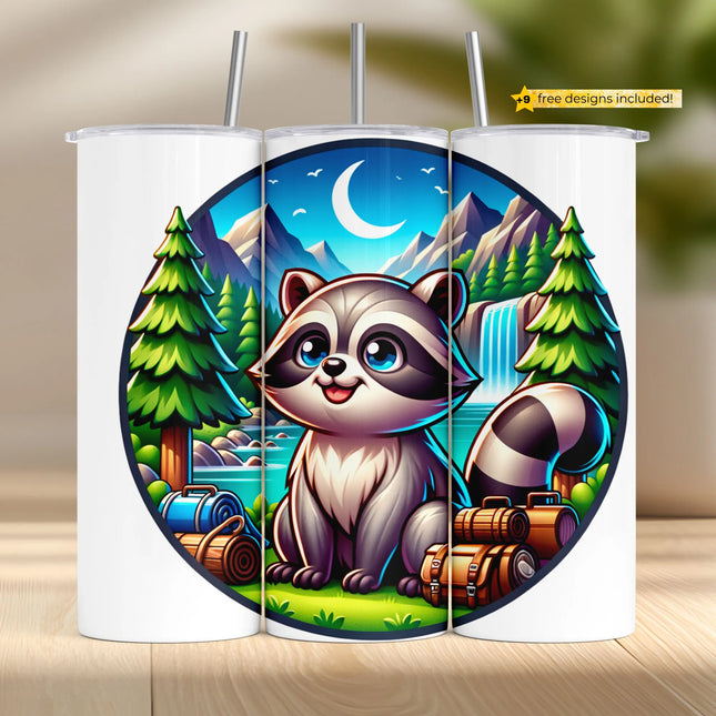 Buy raccoon camping tumbler png for sublimation – cute forest wrap with moon and waterfall