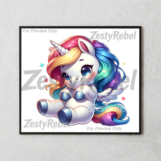 20oz tumbler wrap featuring adorable pastel unicorn with wings, glitter details, and heart accents.
