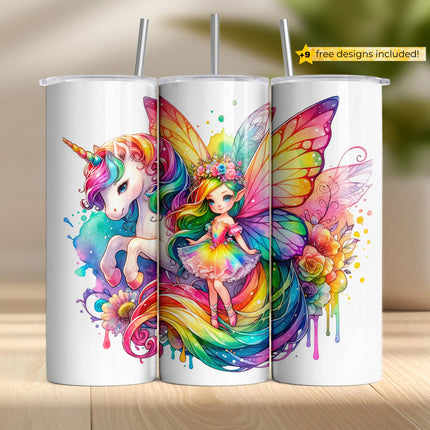 Colorful fairy with rainbow wings and unicorn in magical floral background, ideal for tumblers.