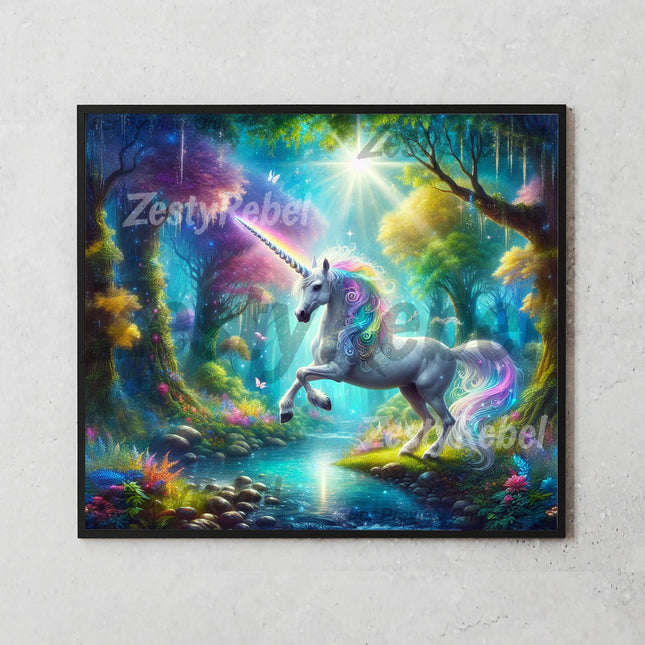 Fantasy forest scene with magical unicorn leaping by a sparkling stream for tumbler designs.