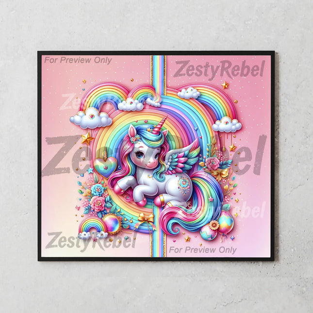 Sublimation wrap PNG featuring a winged unicorn with glitter stars and rainbow sky for DIY crafters and kids’ gifts.