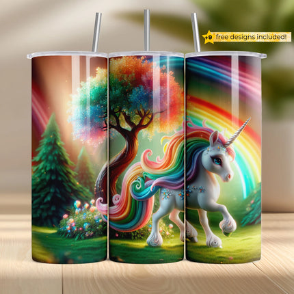 Sublimation wrap with a jeweled unicorn, sparkling rainbow tree, and dreamy forest scene.