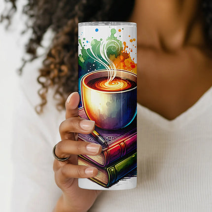 Digital sublimation wrap with pen, journal, and cup of coffee on rainbow ink splash