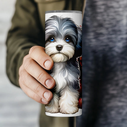 20oz sublimation PNG design with two puppies resting near colorful books for DIY gift tumblers.