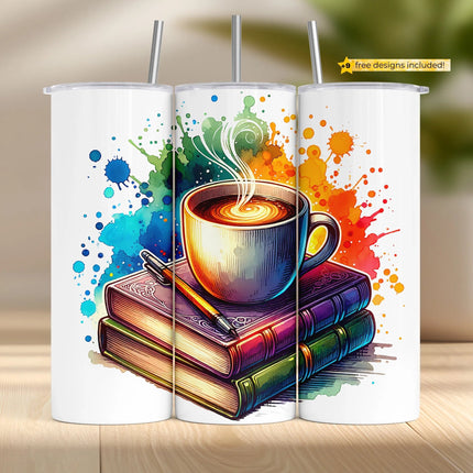 Tumbler wrap with colorful stacked books and steaming coffee cup on rainbow splash background