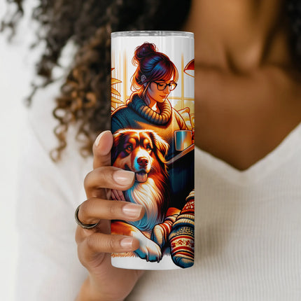 Digital tumbler wrap design showing a reader and her furry friend in a warm living room scene.