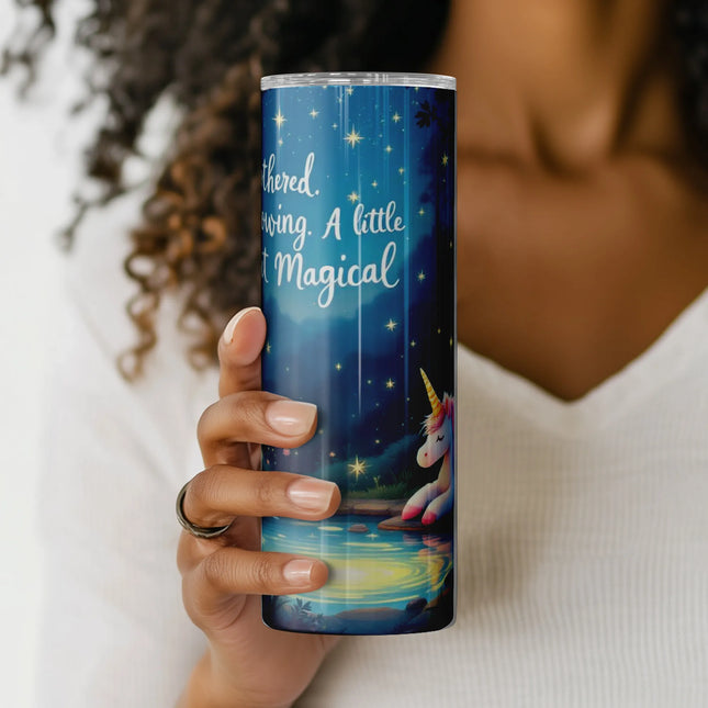 High-resolution tumbler wrap for crafters with sleepy unicorn, night sky, and pastel flower field.