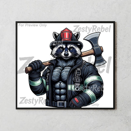 High-res tumbler wrap featuring heroic raccoon for firehouse or patriotic gift projects.