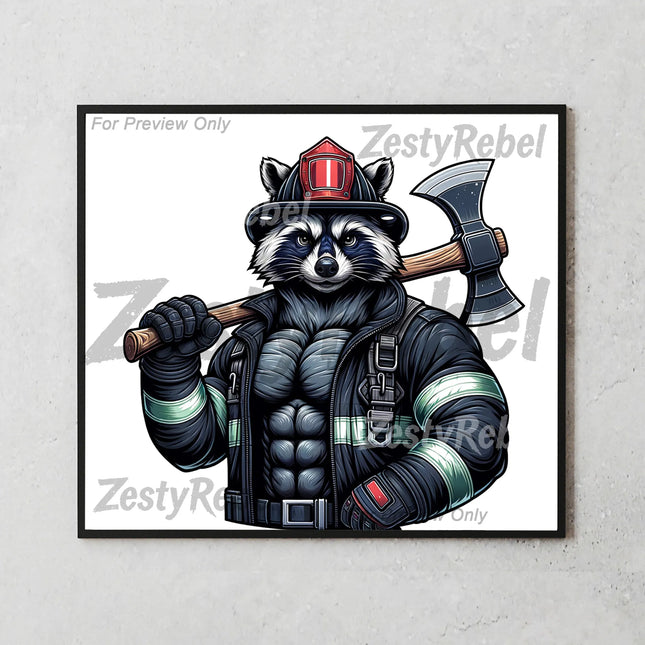 High-res tumbler wrap featuring heroic raccoon for firehouse or patriotic gift projects.