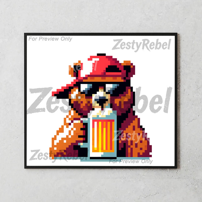 Vintage pixel art bear drinking beer – digital wrap for print-on-demand tumblers.