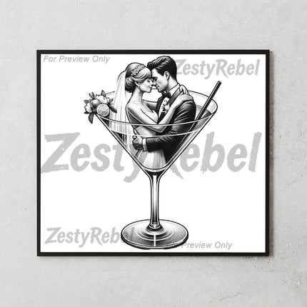 20oz sublimation design featuring elegant wedding couple in drinkware illustration with monochrome style.