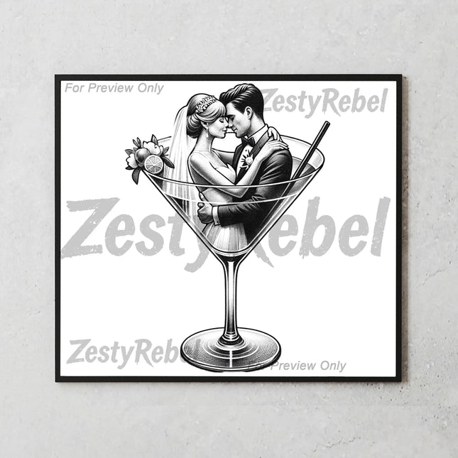 20oz sublimation design featuring elegant wedding couple in drinkware illustration with monochrome style.