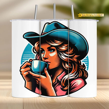 Retro cowgirl sipping coffee in western pop art style tumbler wrap design