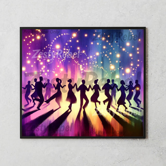 Best tumbler png for wall art and print on demand – vibrant silhouette dance party with glowing background