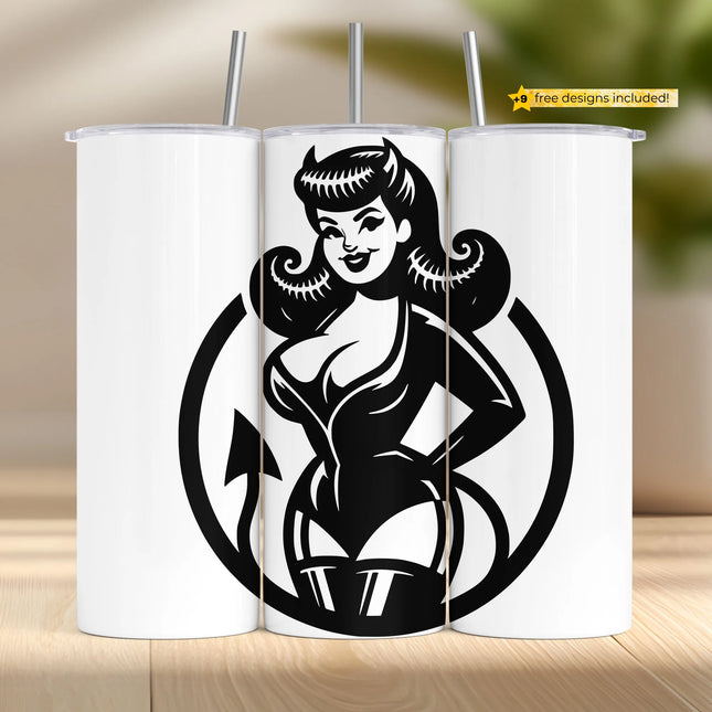 Retro devil girl tumbler wrap PNG in bold black and white, perfect for rockabilly sublimation crafts.