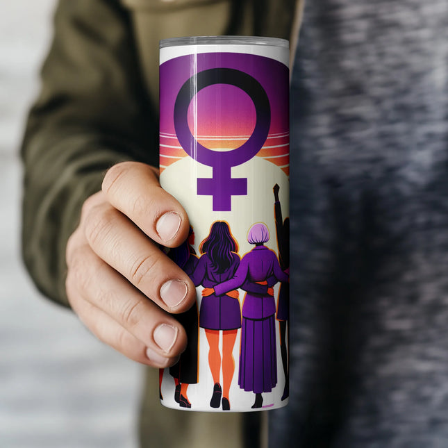 Sunset feminist tumbler wrap for sublimation – features powerful female silhouettes and Venus symbol.