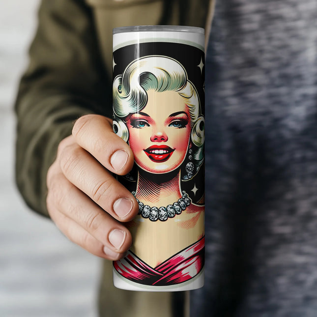 20oz skinny tumbler wrap PNG with vintage glamour queen and sparkling backdrop.